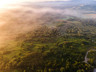 Beautiful Fog over Countryside. Aerial Drone View