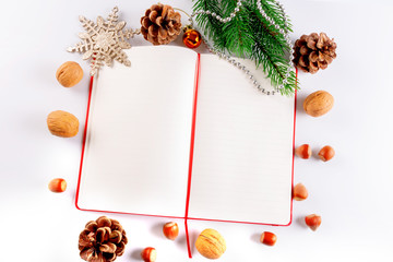 Diary of Christmas wishes. Christmas Holidays card on white background with copy space 