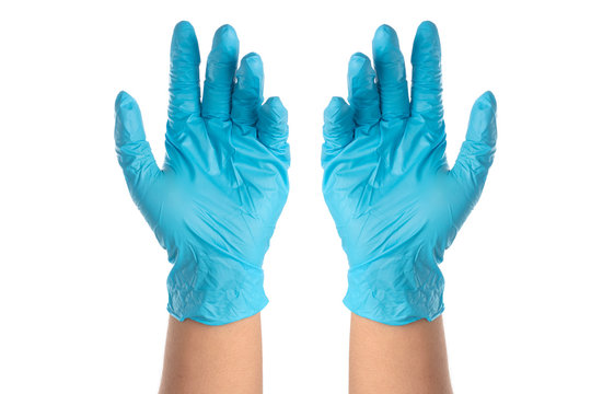 Doctors Wear Blue Nitrile Rubber Gloves Separately On A White Background.