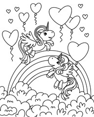 Black and white vector illustration for children's coloring book. Unicorns in the clouds