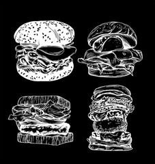 Raster Illustration of different burgers. With detailed black-and-white drawing, a line in the sketch style.