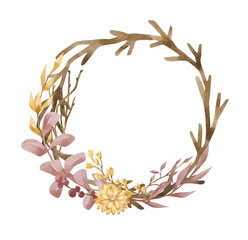 Watercolor frame with pink autumn flowers, branches, berries and leaves, isolated on white background. Aesthetic wreath in boho style, autumn mood