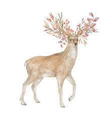 Watercolor sika deer with flower bouquet in antlered. Animal and colorful floral collection with leaves and flowers