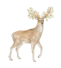 Watercolor sika deer with flower bouquet in antlered. Animal and colorful floral collection with leaves and flowers
