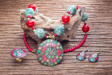Traditional fortune jewellery accessories, handmade  from natural stone on old wood ( Necklace ring and earring )