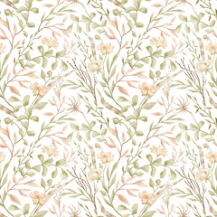 Watercolor seamless pattern with green leaves and brunches, feather and meadow flowers. Delicate feminine background. Wildflower botanical print