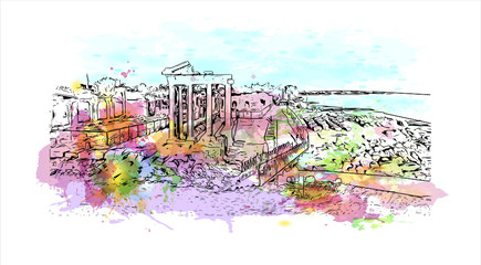 Fototapeta premium Building view with landmark of Antalya is a Turkish resort city with a yacht-filled Old Harbor and beaches flanked by large hotels. Watercolor splash with hand drawn sketch illustration in vector.