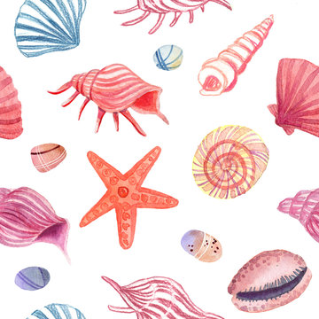 watercolor shells pattern, ocean seamless elements: seashells, starfish, stones, mollusk