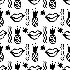 Fototapeta premium Trendy seamless sketch memphis 90s 80s style with hand drawn lips, pineapple, crown for print design. Vector abstract graphic design.