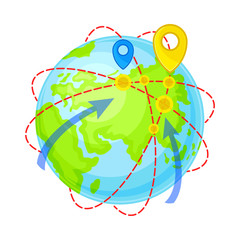 Globe with Destination Points and Route Tracking as Shopping Logistics Vector Illustration