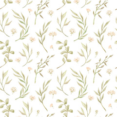 Fototapeta na wymiar Watercolor seamless pattern with green leaves and brunches and meadow flowers. Delicate feminine background. Wildflower botanical print