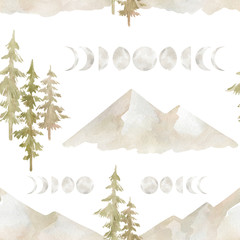 Materiał do szycia Watercolor seamless pattern with high mountain, fir trees, lunar cycle. Nature landscape. Travel adventure, tourism, hiking.