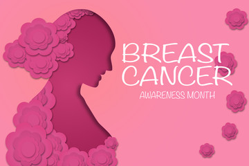 Breast Cancer Awareness Month Poster Design with Female Head Silhouette and Flowers Pink background