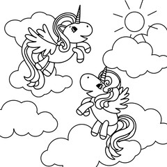 Black and white vector illustration for children's coloring book. Unicorns in the clouds