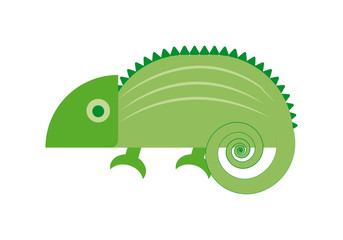 Dibujo animado de un camaleón verde en fondo blanco.