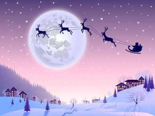 Santa Claus flying in his sleigh with reindeers. Winter landscape with snow, houses, trees, firs. Coniferous forest. Full moon background. Merry Christmas and Happy New Year. Vector illustration.