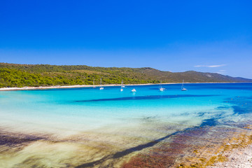 Amazing Adriatic coast in Croatia. Turquoise lagoon on Sakarun beach on Dugi Otok island, beautiful Mediterranean landscape