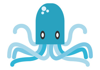 Dibujo animado azul de un pulpo en fondo blanco.
