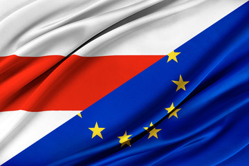 Obraz premium Flags of Europe Union and Belarus. Relations between Belarus and the European Union. 3D illustration.