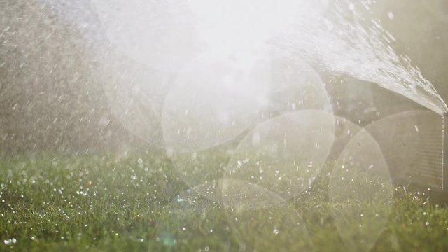 Watering the green grass. SLOW MOTION. Sparkling fresh water spraying out of sprinkler on the lawn. Summer gardening. Resisting draught and water crisis. Eco technology.