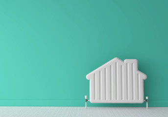Heating radiator in the shape of a house. Home energy. 3D Rendering