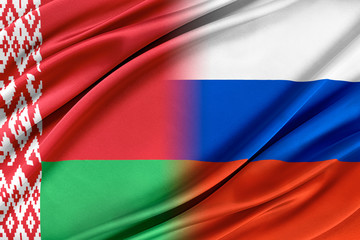 Flags of Russia and Belarus. Relations between Belarus and the Russia. 3D illustration.