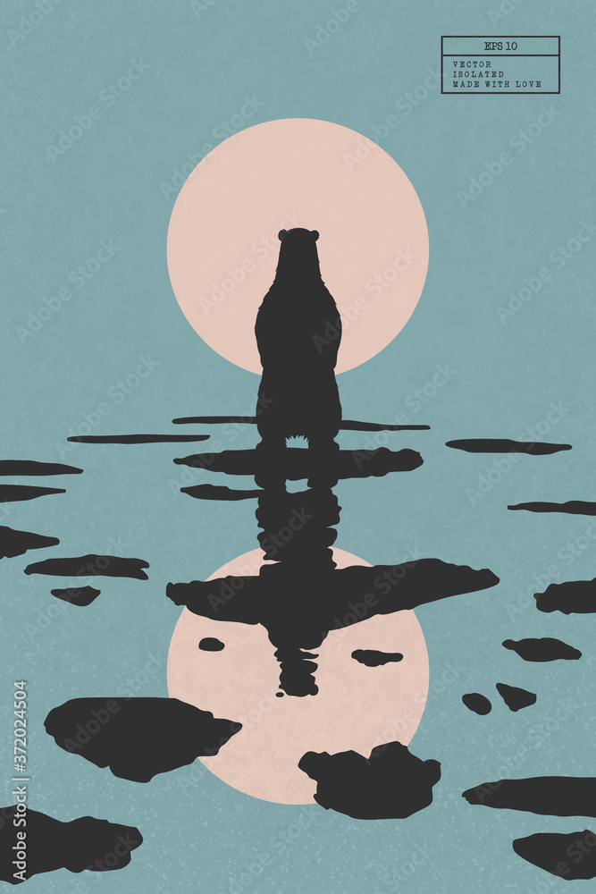 Sticker lonely polar bear on ice floe. arctic landscape with animal isolated silhouette and melting ice on w