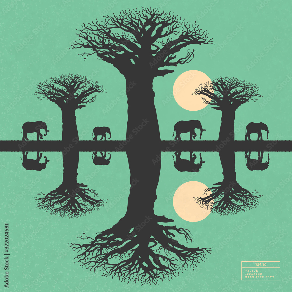 Sticker elephant family walking between baobab trees. landscape with big animals isolated silhouettes in sav