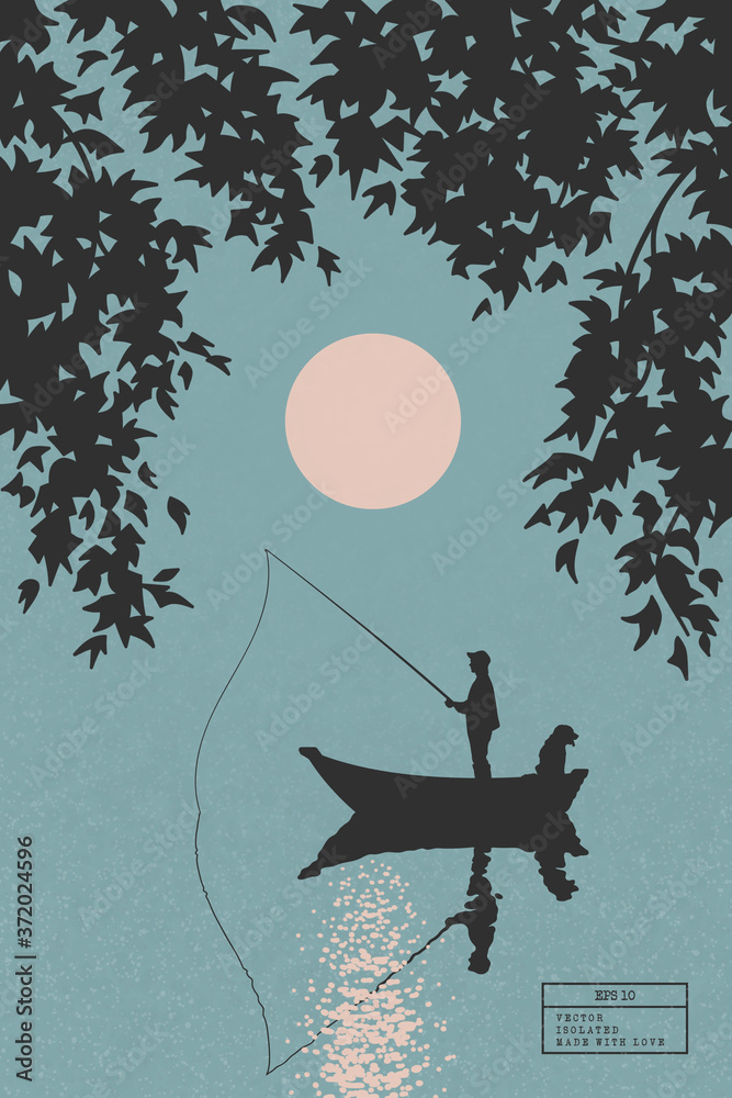 Poster fisherman in boat with dog framed by branches. man isolated silhouette catch fish with fishing rod. 