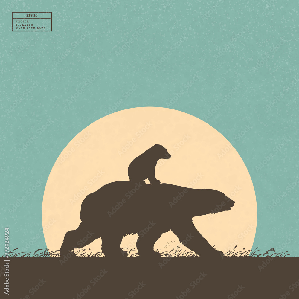 Sticker polar bears family walking in grass. animal baby isolated silhouette on back of mother. yellow sun o