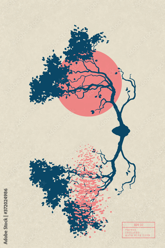 Poster lonely tree reflected in water. minimal landscape with red sun on yellow texture background. vector 