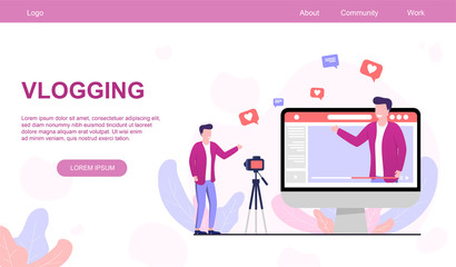 VLOGGING or video blogging web page template. Young blogger streaming online video with digital camera