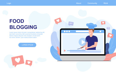 Vector illustration concept of food blogging. Man cook blogger prepare food on internet stream online on computer monitor