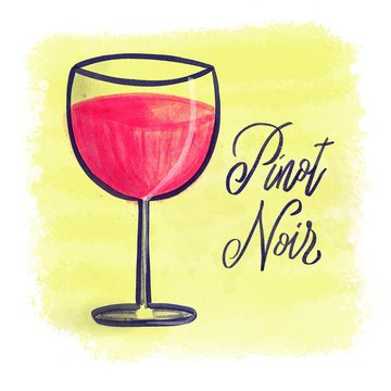Pinot Noir wine is poured into a glass goblet, painted with watercolor strokes on a yellow background. Illustration for Pinot Noir Day, celebrated on 18 August.