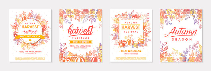 Autumn seasonals postes with leaves and floral elements in fall colors.Greetings and harvest fest posters perfect for prints,flyers,banners,invitations.Trendy fall designs.Vector autumn illustrations