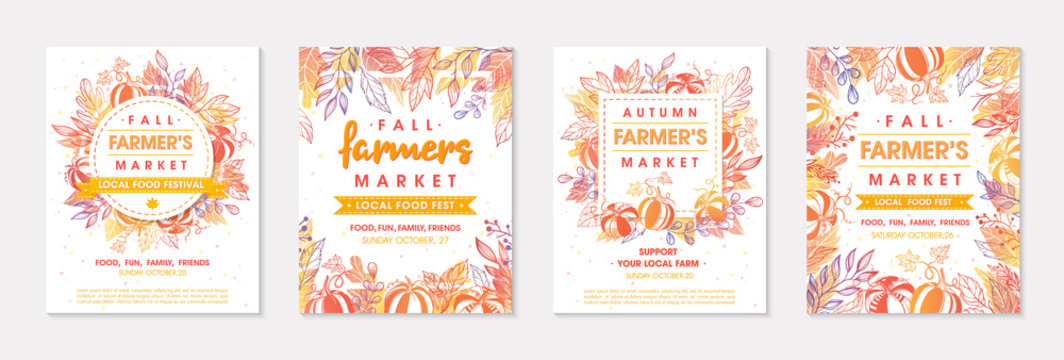 Set of autumn farmers market banners with leaves and floral elements.Local food fest design perfect for prints,flyers,banners,invitations.Fall harvest festival.Vector autumn illustrations.