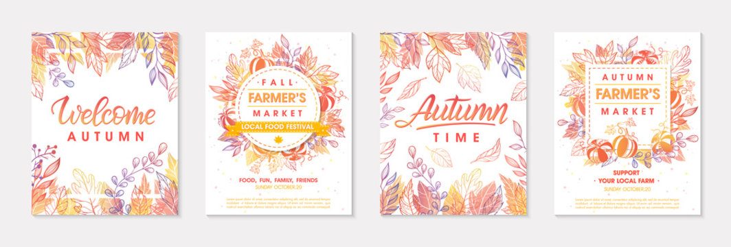Autumn seasonals postes with leaves and floral elements in fall colors.Greetings and harvest fest posters perfect for prints,flyers,banners,invitations.Trendy fall designs.Vector autumn illustrations