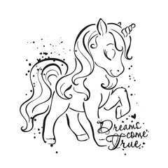 Black and white unicorn drawing. Fashionable ink style. Follow your dreams text. Fashion illustration drawing in modern style for clothes.