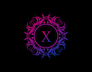 Yoga Art Badge X Letter Logo. Luxury calligraphic emblem with beautiful classy floral ornament. Vintage Heraldic Frame design with blue and magenta color.