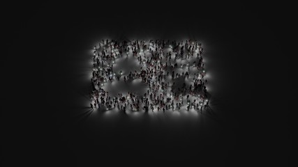 3d rendering of crowd of people with flashlight in shape of symbol of address card on dark background