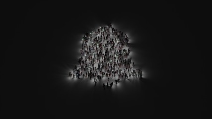3d rendering of crowd of people with flashlight in shape of symbol of alarm on dark background