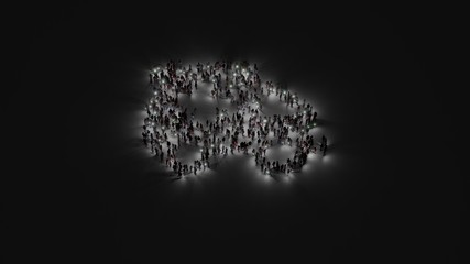 3d rendering of crowd of people with flashlight in shape of symbol of ambulance on dark background