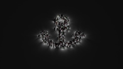 3d rendering of crowd of people with flashlight in shape of symbol of anchor on dark background