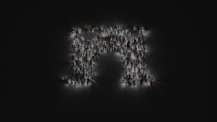 3d rendering of crowd of people with flashlight in shape of symbol of archway on dark background