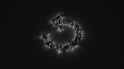 3d rendering of crowd of people with flashlight in shape of symbol of refresh arrow on dark background