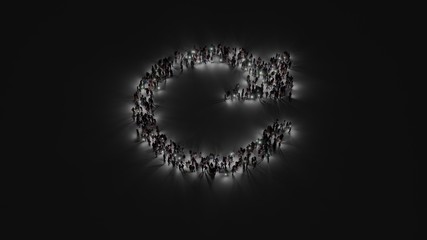3d rendering of crowd of people with flashlight in shape of symbol of refresh arrow on dark background