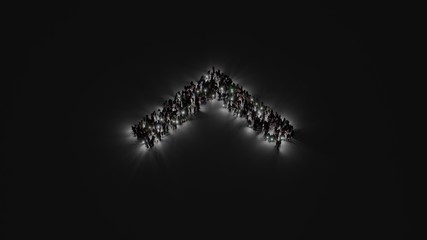 3d rendering of crowd of people with flashlight in shape of symbol of up arrows on dark background