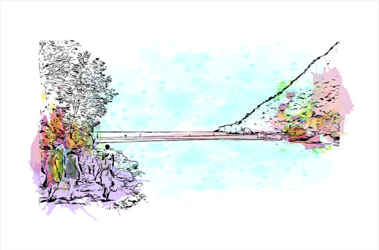 watercolor bridge landscape with people walking clip art preview