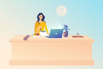 Work from home, remote work concept. Mom is preparing dinner in the kitchen. Woman with laptop, preparing and watching lessons online. Distance education. New fresh design.
