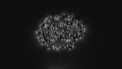 3d rendering of crowd of people with flashlight in shape of symbol of at sign on dark background
